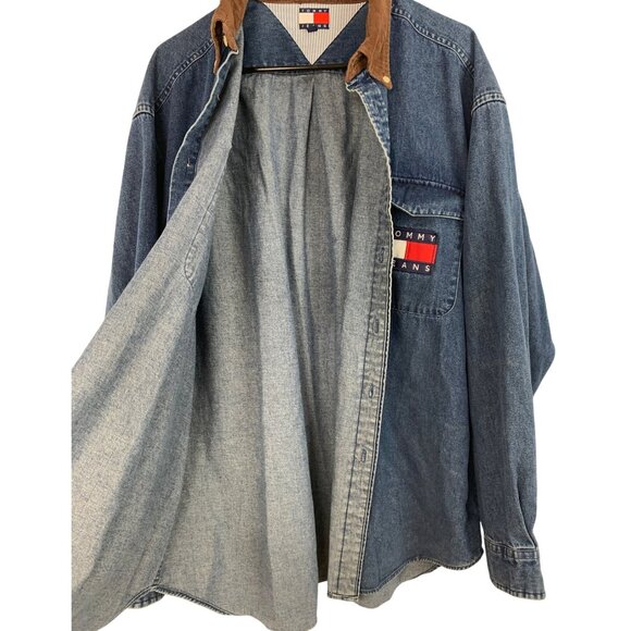 Vintage Y2K Tommy Jeans Denim Shirt Sz XL Corduroy Collar Logo Pocket RW10330 - Picture 8 of 8